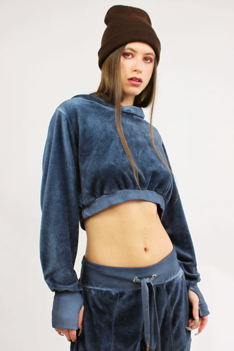 Velour Crop Mogul Hoodie in Steele