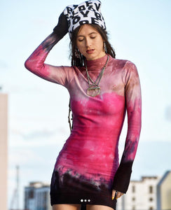 MTO - misfit mock neck mini dress - ombré dye - pink to hot pink to black - size small