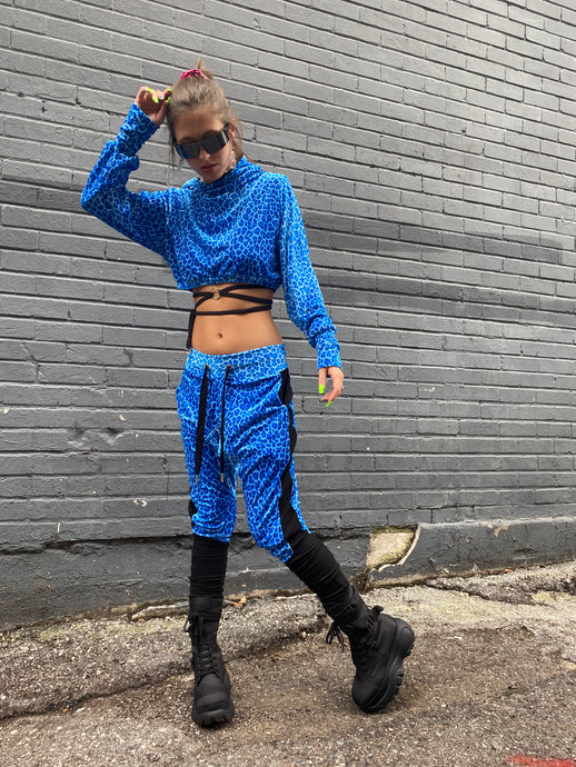 Blue cheetah velvet joggers