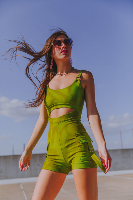 Cargo Pocket Playsuit in ‘Sour Apple’